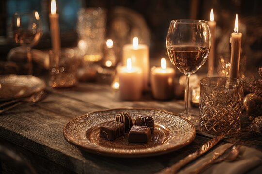 Romantic dinner table setting with candles and chocolates