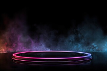 Circular neon stage with smoky backdrop