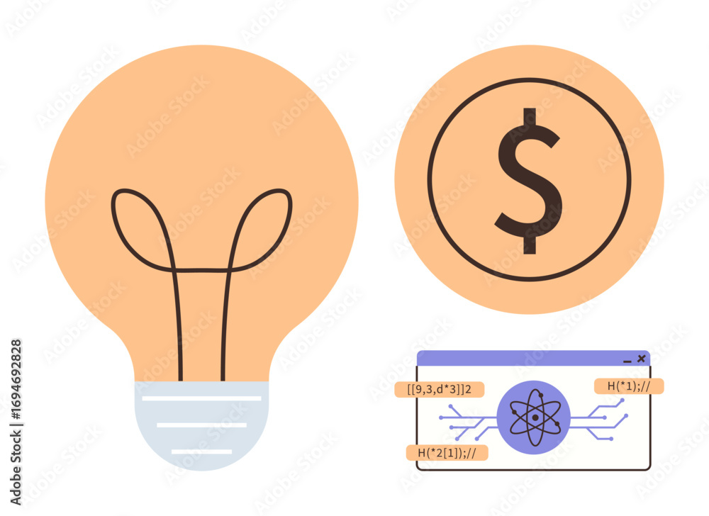 Poster light bulb for ideas, dollar sign for finance, coding interface for tech innovation. ideal for entre