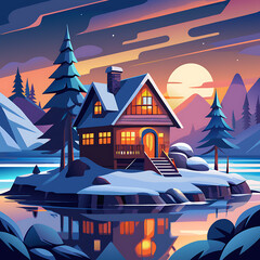 Charming snow-covered island house illuminated with soft warm lighting at dusk, Ai Generated