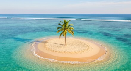 Small tropical island with a single palm tree in turquoise ocean