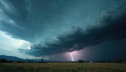 Powerful lightning strikes grassy field under dramatic stormy sky. Dark, heavy clouds loom overhead creating intense atmosphere. Distant rain falls from overcast sky. Majestic natural phenomenon.