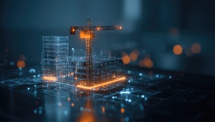 Abstract cityscape model illuminated with digital lines