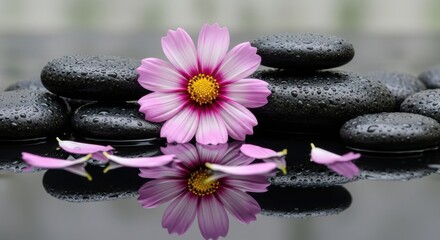 Fototapeta premium Zen Garden Stones and Pink Cosmos Flower Reflection