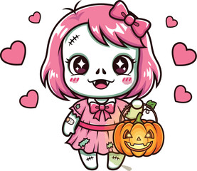Cute zombie girl with pumpkin and hearts, perfect for Halloween fun