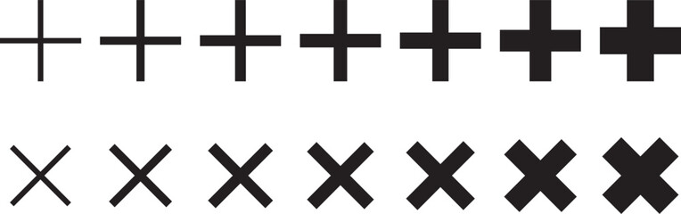 Fototapeta premium Plus and X Icon Set - Vector Symbols in Varying Line Weights and Styles for Add, Remove, Close, Multiply, Interface Buttons, Web Design, UI/UX, Math, and Minimalist Graphic Design