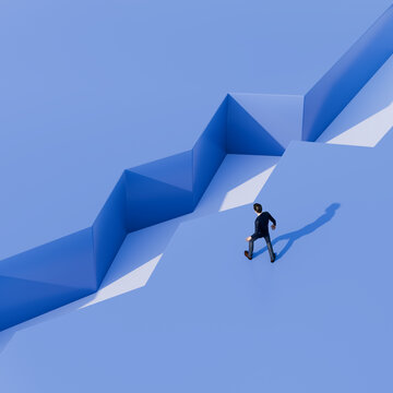 A businessman hesitantly approaching a gap in the ground. Courage, surprise or challenge concept.