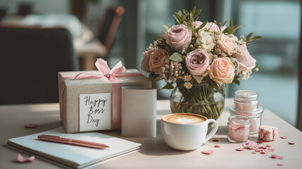 Gift box and flowers for Boss Day  on a cozy table setting  