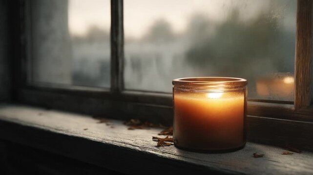 Burning candle in window after death. Candle glowing on windowsill with soft natural light outdoors  
