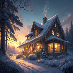 Tranquil winter island cottage surrounded by snow and warm evening illumination, Ai Generated
