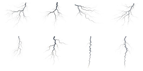 Set of White Lightning Bolt Graphics electricity thunder isolated on a transparent background