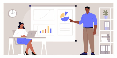Man presenting business charts and graphs to a woman working on a laptop in an office setting