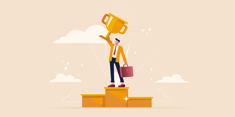 Successful businessman holding up a golden trophy on a winner s podium with a briefcase