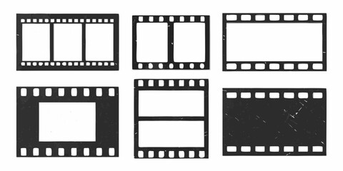 Collection of six vintage film strips with blank frames and perforations on white background