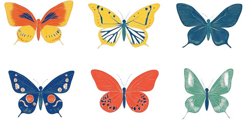Six Stylized Butterflies in Various Colors and Patterns butterfly isolated on a transparent background