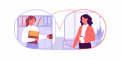 Two women in different office spaces communicating and holding coffee cups during a work break