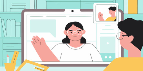 Two people having a video call conversation on a laptop with a bookshelf in the background