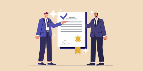 Two businessmen proudly present a signed contract with a blue checkmark and golden seal