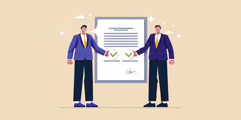 Two businessmen in suits standing next to a document with two green checkmarks and a signature approving the agreement