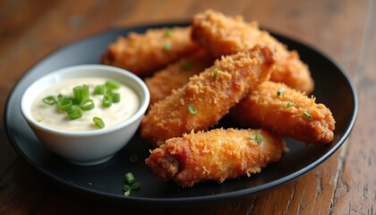 Fototapeta premium Crispy golden brown fried chicken wings served with creamy dipping sauce, fresh chopped green onions. Poultry meat with seasoned breading offers crunchy texture. Delicious snack for lunch or dinner.