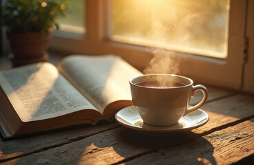 Warm sunlight streams through window onto rustic wooden table. Open book beside steaming coffee cup. Tranquil morning scene offers peaceful devotion, spiritual reflection, cozy comfort for quiet