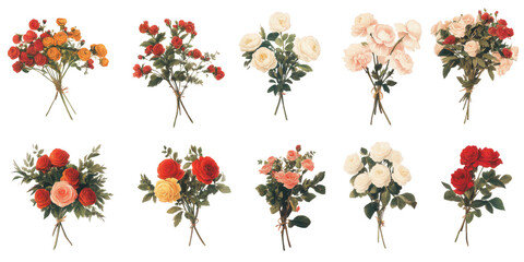 Ten Bouquets of Vintage Roses in Various Colors flower floral isolated on a transparent background
