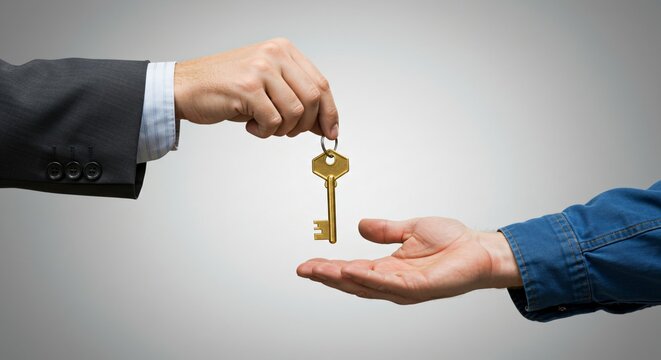 A man's hand gives a golden key to another person, symbolizing ownership transfer. Property deal concept.
