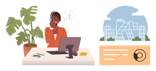 Customer service agent wearing a headset, providing assistance at desk with a computer and question icon. Ideal for customer service, support, retail, communication, information, help centers