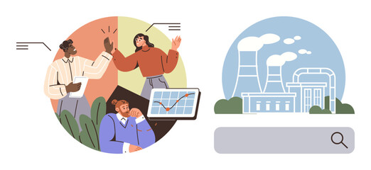 Business team reviewing charts and discussing strategy, factory with cooling towers emitting steam, and search bar. Ideal for teamwork, data analysis, industry, environment, economy, planning