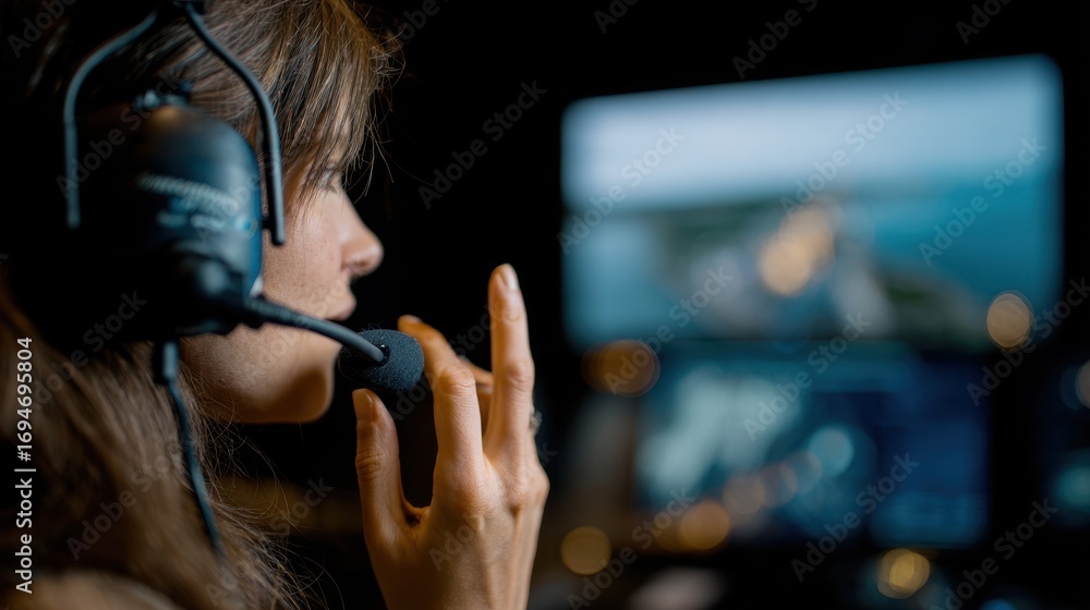 Poster focused image of a vts operator adjusting headset equipment with monitors displaying vessel movement