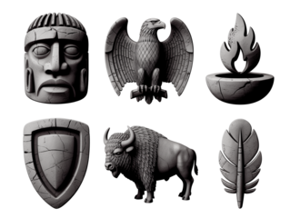 Collection of tribal stone symbols including eagle, bison, feather, and ancient mask.