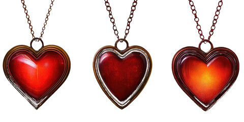 Three Red Heart Pendants with Chains necklace jewelry isolated on a transparent background