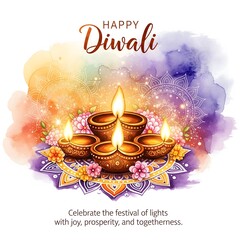 Happy diwali festival of lights with diyas and colorful watercolor background