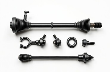 Set of brand new power steering rack components for auto repair. Includes tie rod ends, boots, central shaft. Black metallic metal parts arranged neatly on white background for automotive service,