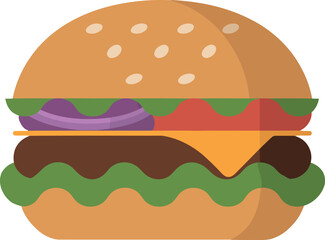 Juicy cheeseburger icon flat style fast food hamburger meal concept delicious burger with lettuce tomato onion vector