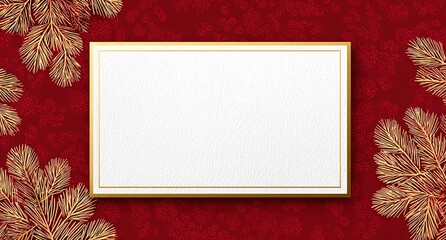 a blank white rectangular card with gold trim on the right side, set against a red background adorned with christmas tree patterns. 