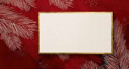 a blank white rectangular card with gold trim on the right side, set against a red background adorned with christmas tree patterns. 