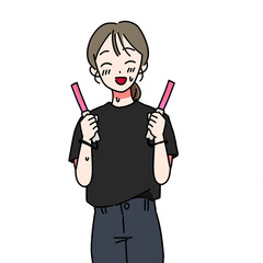 Fototapeta premium キンブレを持った笑顔のアイドルファン（黒Tシャツ）