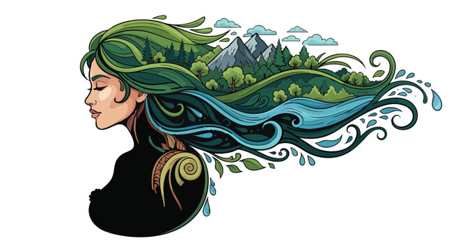 Beautiful woman profile hair flowing as nature landscape scene environment ecology earth goddess conservation