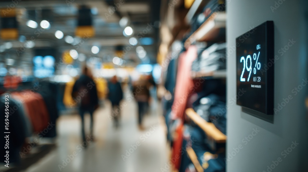 Poster Medium shot capturing a glowing LED price tag mounted on a retail shelf with the vibrant display in crisp focus and shoppers wandering in a blurred background.