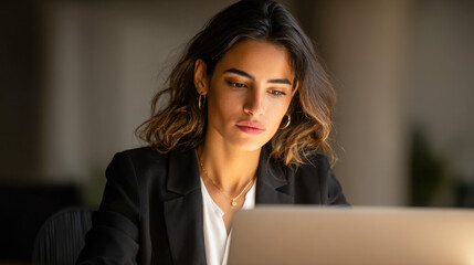 Focused young entrepreneur working diligently on laptop in a modern office environment