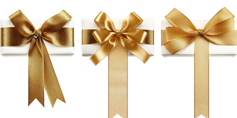 Three White Gift Boxes with Gold Ribbons clear isolated on a transparent background