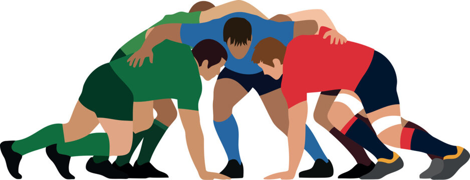 Rugby scrum action dynamic team sport competition athletes graphic illustration vibrant colors vector