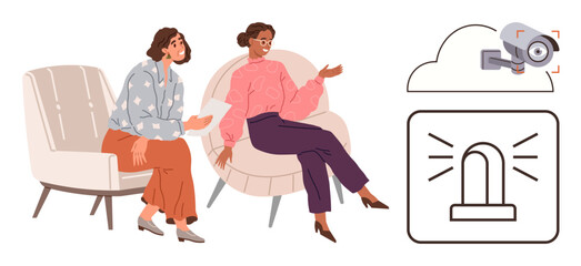 Two women sit and converse on modern chairs, next to cloud surveillance and alarm system icons. Ideal for discussions, security, technology, safety, collaboration, brainstorming and planning. A