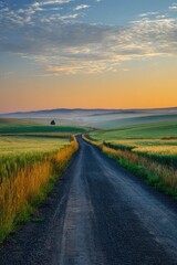 A gravel road through a field at sunrise