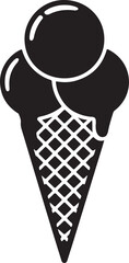 Simple black and white icon of an ice cream cone with three scoops