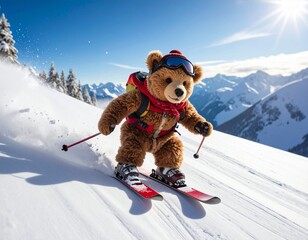 An athletic teddy bear speed skis down a very steep slope. He's looking for Santa Claus.,generate image