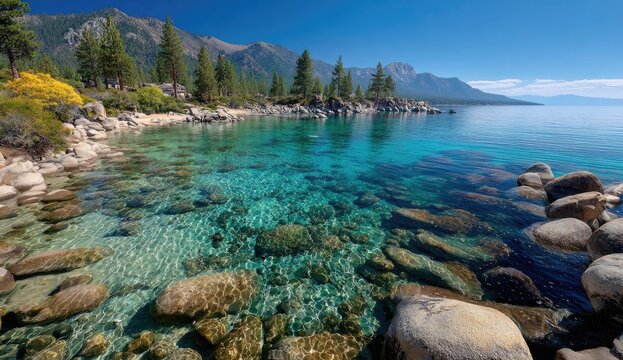 Scenic lake shore with clear water and mountains - Powered by Adobe