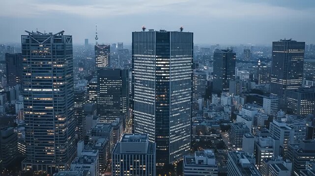 Metropolitan Skyline at Dusk: Capturing the urban panorama of a bustling metropolis during the blue hour. The image features soaring skyscrapers and cityscapes bathed in cool, diffused light. 