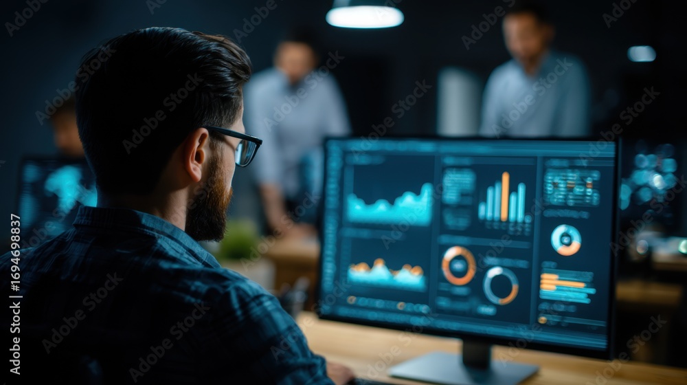 Poster medium shot of a business expert reviewing dynamic ai procurement platform displaying predictive ana